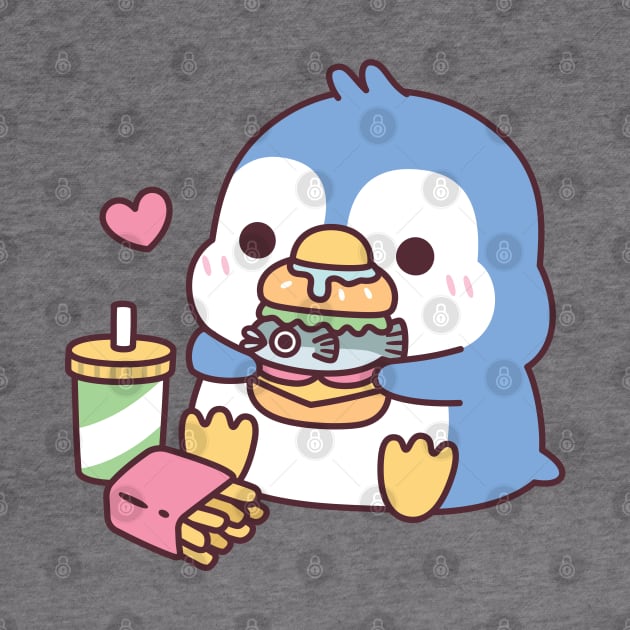 Cute Blue Penguin Eating Fish Burger by rustydoodle